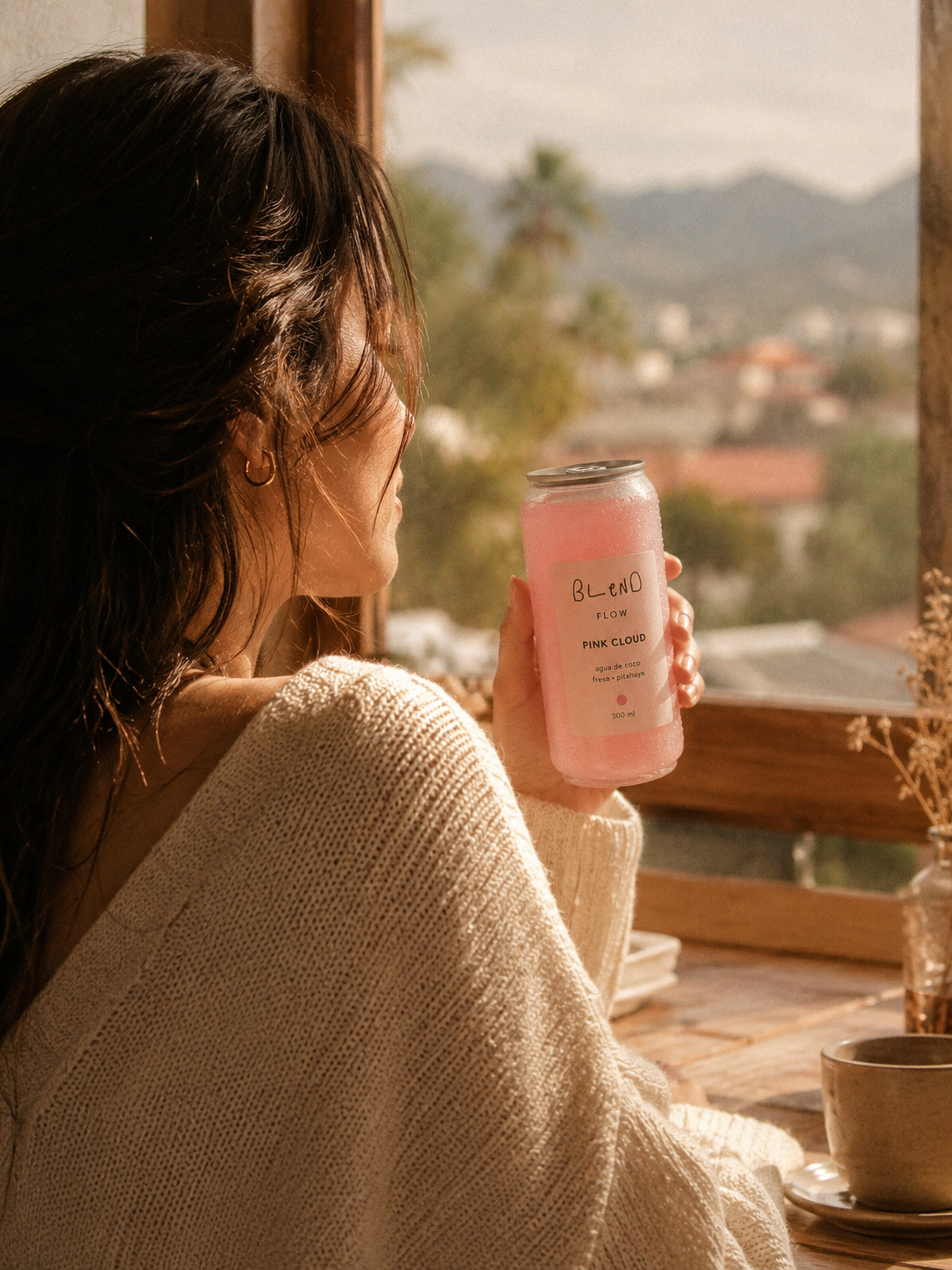 Mujer junto a la ventana sosteniendo Pink Cloud con vista al paisaje cafetero