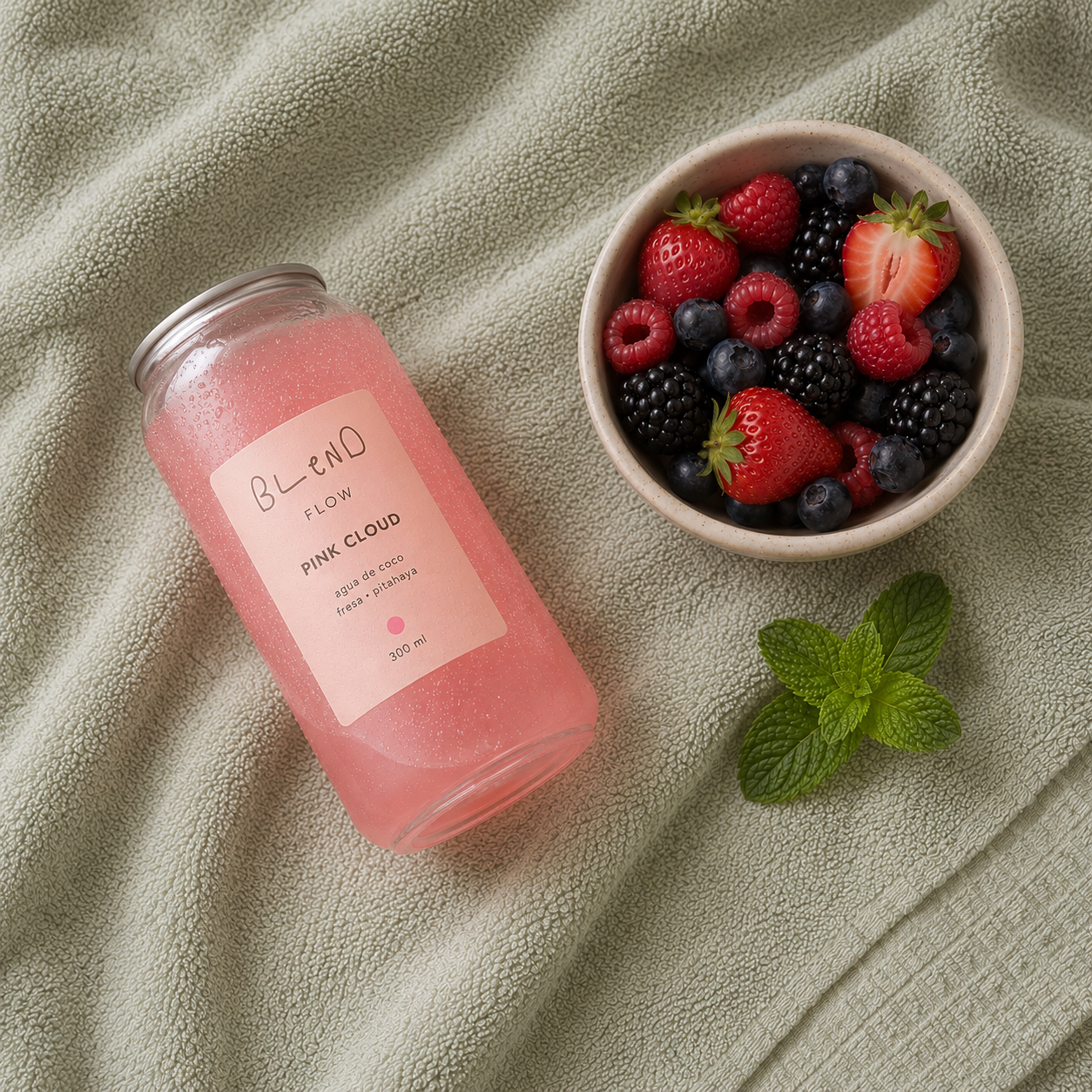 Pink Cloud sobre toalla de yoga verde matcha con bayas