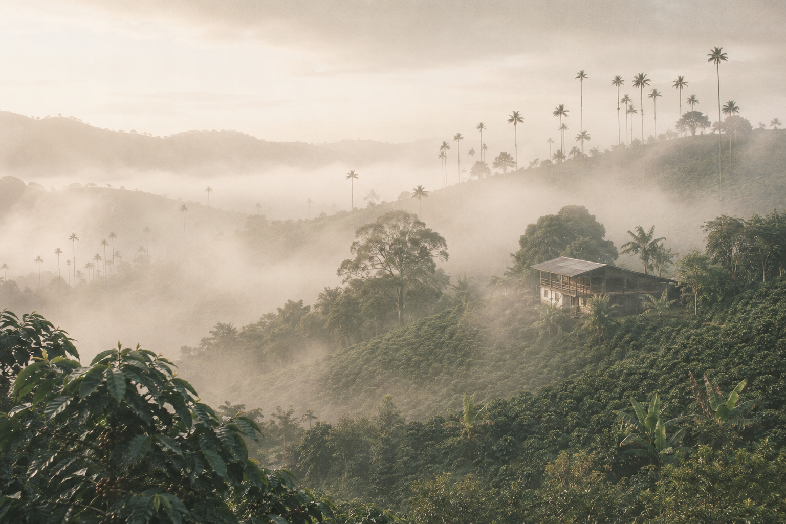 Niebla matinal sobre el paisaje cultural cafetero con palmas de cera